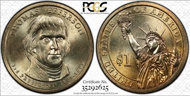 (2007) $1 Missing Edge Lettering Thomas Jefferson MS66