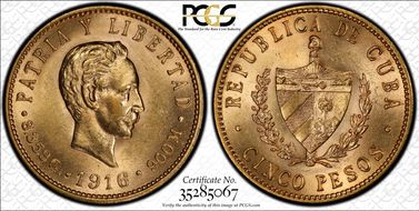 1916 5 Peso KM-19  Au MS63