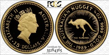 1989-P $15 Red Kangaroo-Nugget 1/10oz Au PR70DCAM