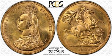 1887-M Sov S-3867A DISH M7 1st Obv Angled J MS62