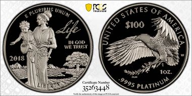 2018-W $100 Platinum Eagle - Life First Strike PR70DCAM