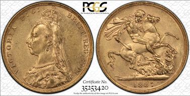 1887-M Sov S-3867B DISH M8 2nd Obv Angled J AU58