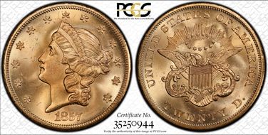 1857-S $20 Spiked Shield S.S. Central America #2 (with Pinch) MS66