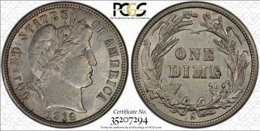 1916-S 10C Barber MS62