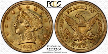 1856-O $2.50 S.S. Central America #2 (with Pinch) MS62+