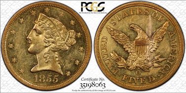 1855-O $5 S.S. Central America #2 (with Pinch) MS62PL