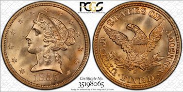 1857-S $5 S.S. Central America #2 (with pinch) MS66