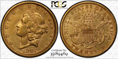 1867-S $20 AU50