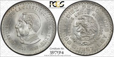 1957-Mo 10 Peso Constitution KM-475  Ag MS66