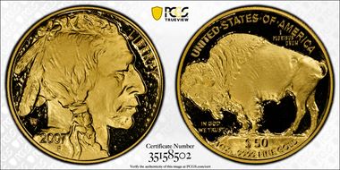 2007-W $50 American Buffalo .9999 Fine Gold Mercanti Flag Signature PR70DCAM