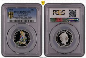2018 50p S-H44 Peter Rabbit Ag Beatrix Potter First Strike PR70DCAM