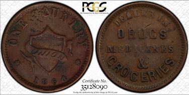 1864 Token F-193A/470Aa Copper  One Country XF40BN