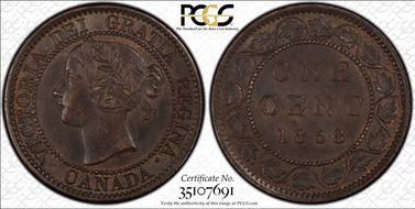 1858 1C ↑↑ Bronze, Broken Vine MS62BN