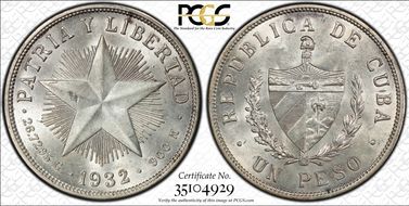 1932 Peso KM-15.2  Ag MS62