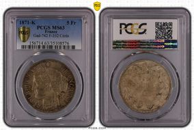 1871-K 5 Fr Gad-742 F-332 Cérès 3 Feuilles MS63