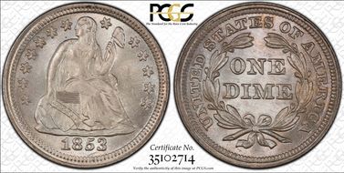 1853 10C No Arrows MS67