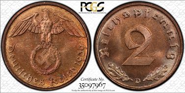 1939-D 2 Pfg J-362 MS64RB