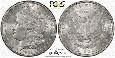 1901 $1 Doubled Die Reverse AU58