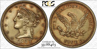 1851 $5 Schultz & Co. AU55