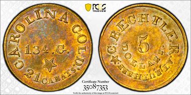 (1837-42) $5 C. Bechtler, 134 Grains, Star AU55