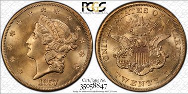 1857-S $20 Bold 7, Faint S S.S. Central America #2 (with Pinch) MS63+