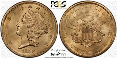 1856-S $20 Full Serif, Broken A S.S. Central America #2 (with Pinch) MS62