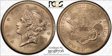 1857-S $20 Spiked Shield S.S. Central America #2 (with Pinch) MS64+ 