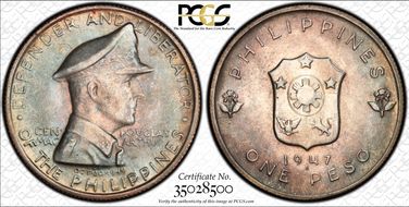 1947-S Peso Douglas MacArthur KM-185  Ag MS64
