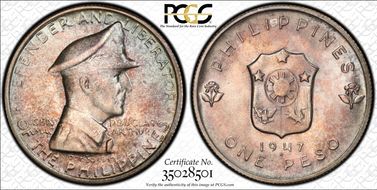 1947-S Peso Douglas MacArthur KM-185  Ag MS65