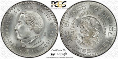 1957-Mo 5 Peso Constitution KM-470  Ag MS66