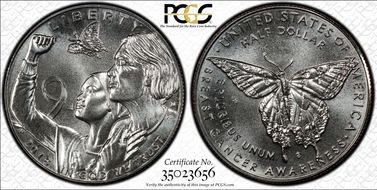 2018-D 50C Breast Cancer Awareness First Strike label MS69