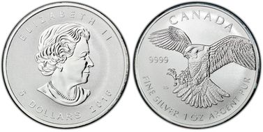 2016 $5 Peregrine Falcon Reverse Proof PR67