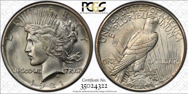 1921 $1 High Relief, Peace MS65+