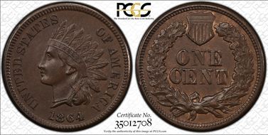 1864 1C L on Ribbon AU58BN