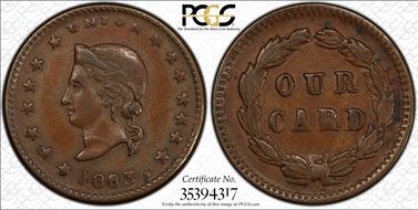 1863 Token F-34/276a Copper Union-Our Card AU55BN