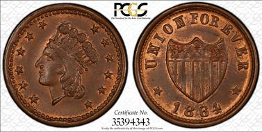 1864 Token F-54/342a Union For Ever MS66RB