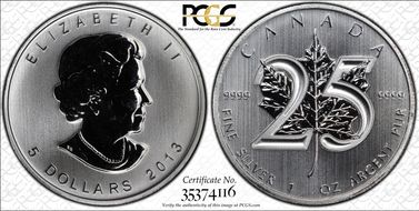 2013 $5 ML 25th Ann Modified Design MS68