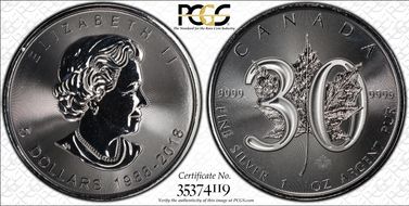 2018 $5 Maple Leaf Ag 30th Anniv. MS69