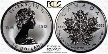 2013 $50 Maple Leaf Rev PR 5 oz Ag  25th Anniversary PR69