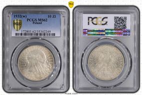 1932(w) 10 Zl Queen Jadwiga KM-22  Ag MS62