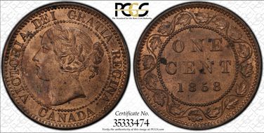 1858 1C ↑↑ Bronze, Broken Vine MS63RB