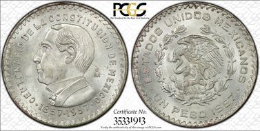 1957-Mo Peso Constitution KM-458 MS65