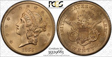 1855-S $20 Broken A, Full E S.S. Central America #2 (with Pinch) MS62