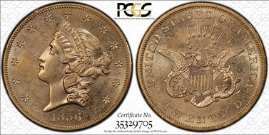 1856-S $20 Split Serif S.S. Central America #2 (with Pinch) MS61