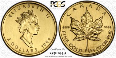 1994 $2 Maple Leaf Au MS69