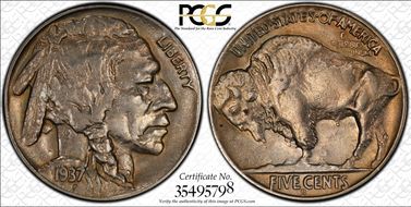 1937-D 5C 3 Legs AU53