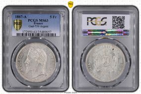 1867-A 5 Fr Gad-739 F-331 Argent MS63