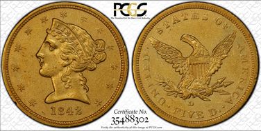 1842-D $5 Small Date XF40