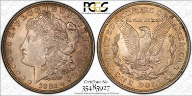 1921 $1 Morgan, Pitted Reverse MS62