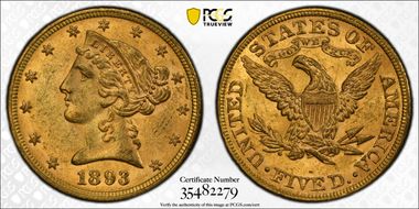 1893 $5 MS62